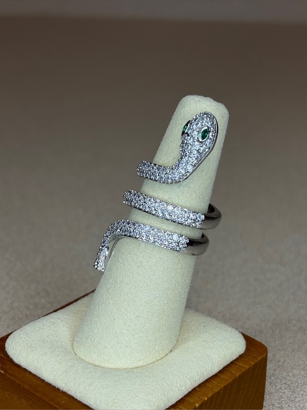 Eclectic Silver Tone Pavé Crystal Snake Wrap Ring with Green Crystal Eyes